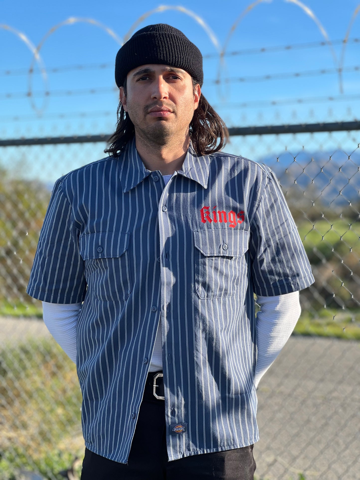 Dickies KR Button Up Short Sleeve Work Shirt Blue w/ White Stripe