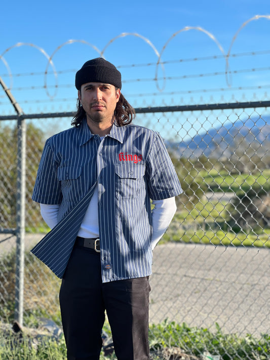 Dickies KR Button Up Short Sleeve Work Shirt Blue w/ White Stripe